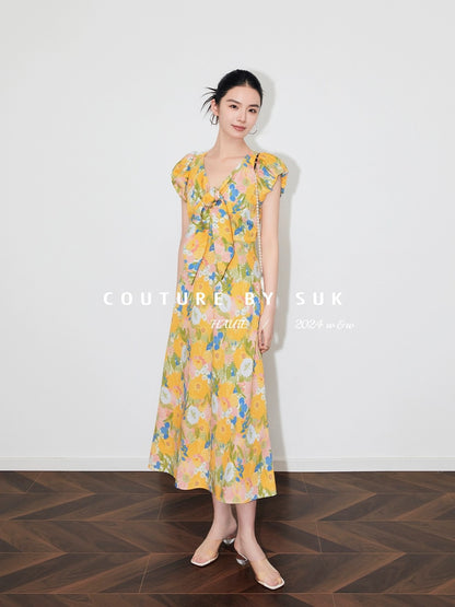 SUK Clear skies in midsummer! Abstract printed lyocell cotton bow-embellished short-sleeved long dress
