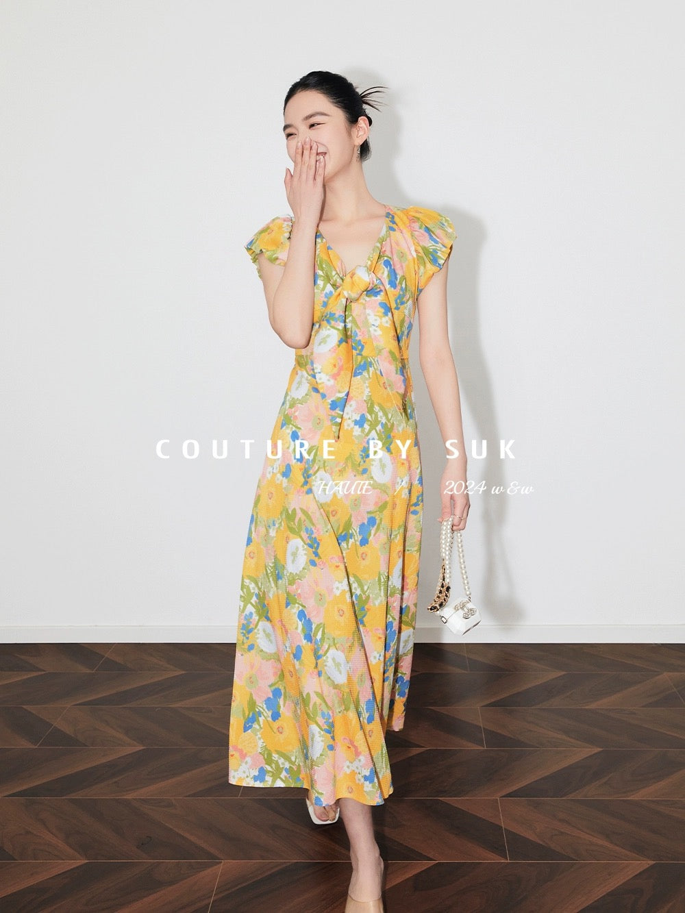 SUK Clear skies in midsummer! Abstract printed lyocell cotton bow-embellished short-sleeved long dress