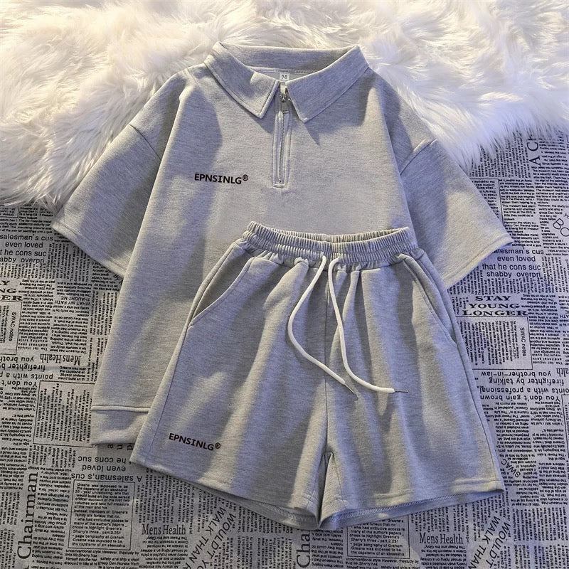 2025 new summer thin sportswear two-piece suit for women loose casual student running short-sleeved shorts national trend