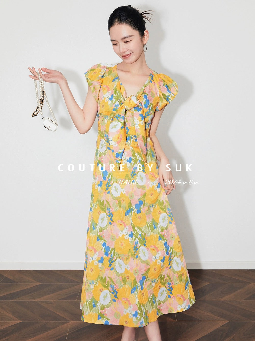 SUK Clear skies in midsummer! Abstract printed lyocell cotton bow-embellished short-sleeved long dress