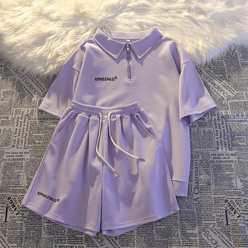 2025 new summer thin sportswear two-piece suit for women loose casual student running short-sleeved shorts national trend
