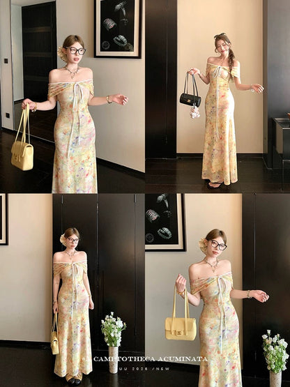 LUU Peach Joy / Two-Way French Style Floral Dress for Women, Spring/Summer, Short Sleeve, Slimming Long Dress, Stylish Design