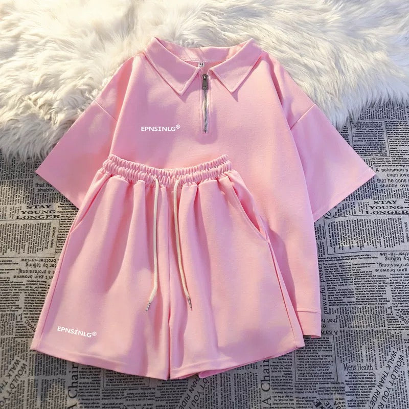 2025 new summer thin sportswear two-piece suit for women loose casual student running short-sleeved shorts national trend
