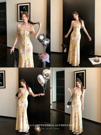 LUU Peach Joy / Two-Way French Style Floral Dress for Women, Spring/Summer, Short Sleeve, Slimming Long Dress, Stylish Design