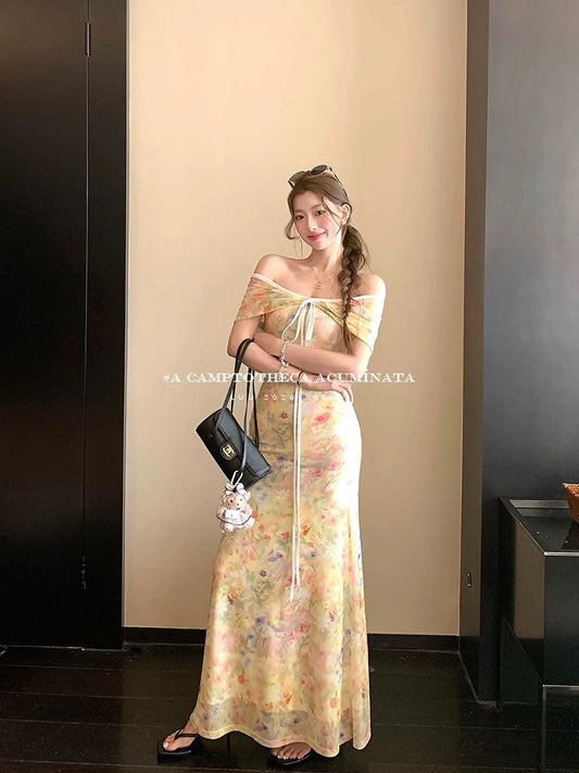 LUU Peach Joy / Two-Way French Style Floral Dress for Women, Spring/Summer, Short Sleeve, Slimming Long Dress, Stylish Design