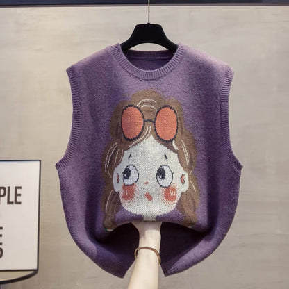 Round neck knitted vest vest women 2025 autumn and winter new loose outer wear vest layered sweater waistcoat trend