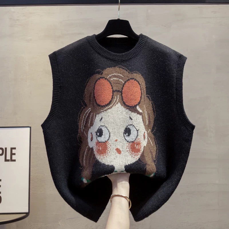 Round neck knitted vest vest women 2025 autumn and winter new loose outer wear vest layered sweater waistcoat trend