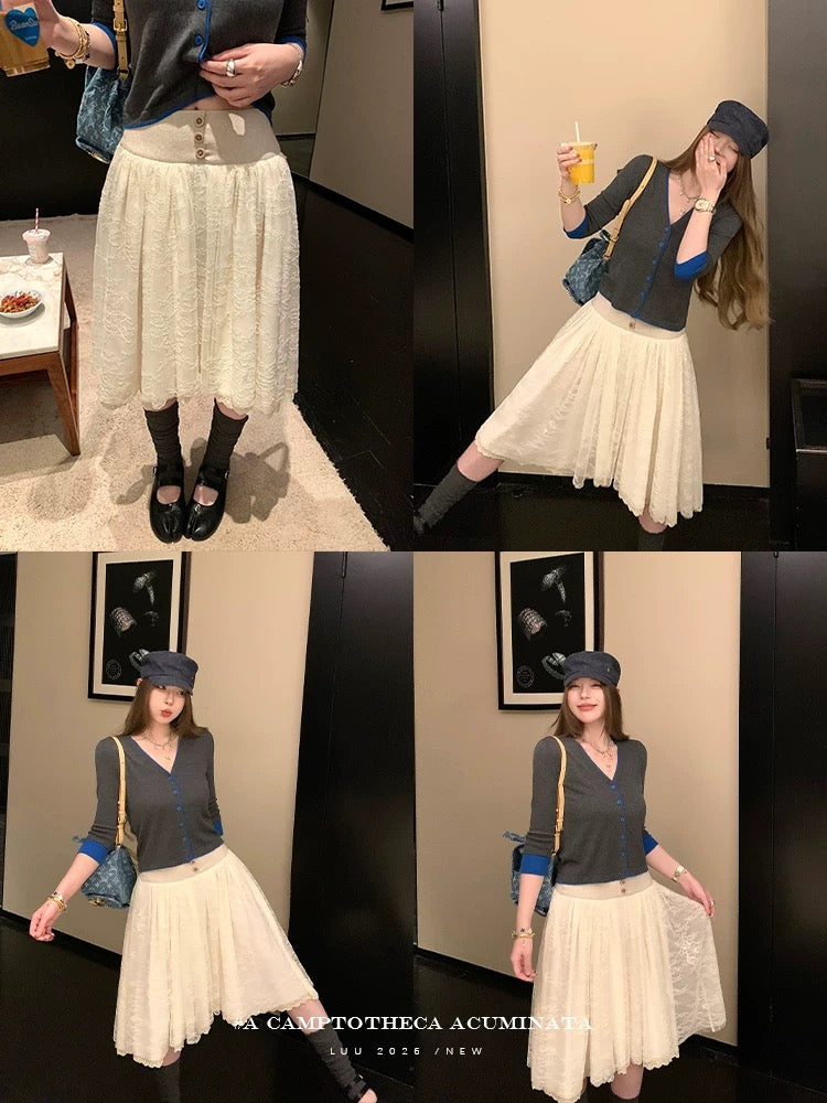 LUU Peach Joy / Lace High-Waisted A-Line Skirt for Women, Spring/Summer, Loose Fit, Mid-Length, Stylish Design