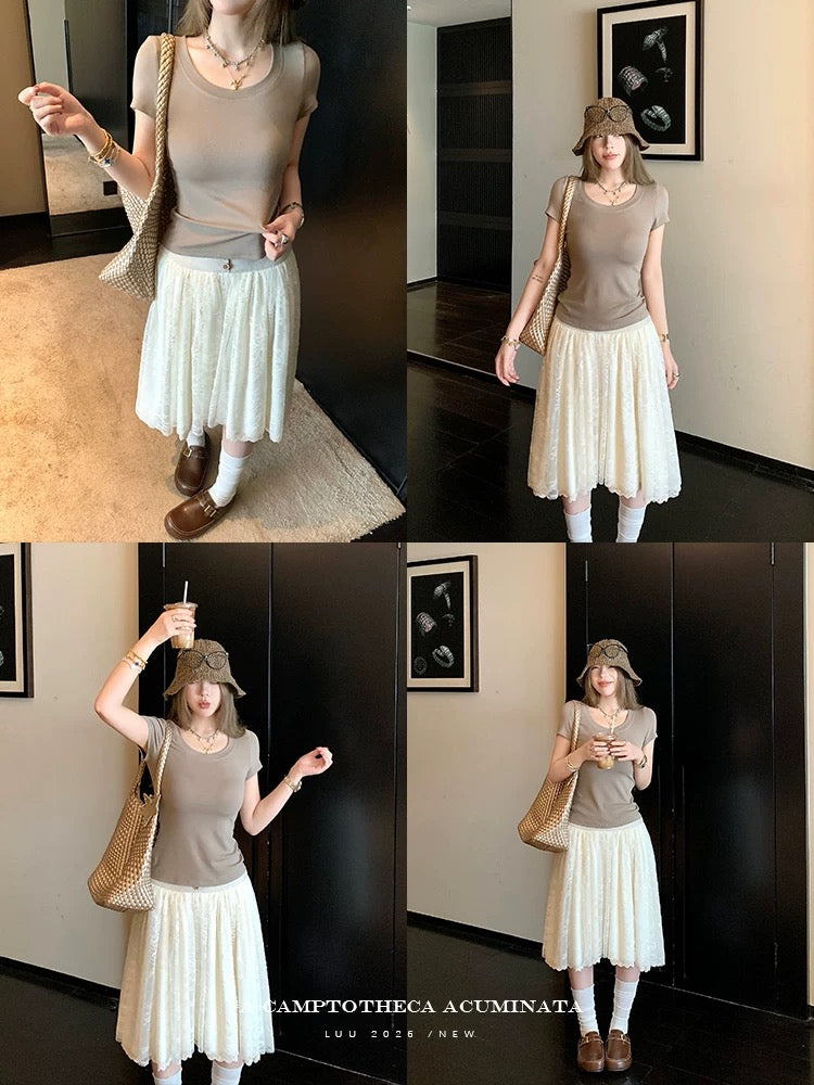 LUU Peach Joy / Lace High-Waisted A-Line Skirt for Women, Spring/Summer, Loose Fit, Mid-Length, Stylish Design