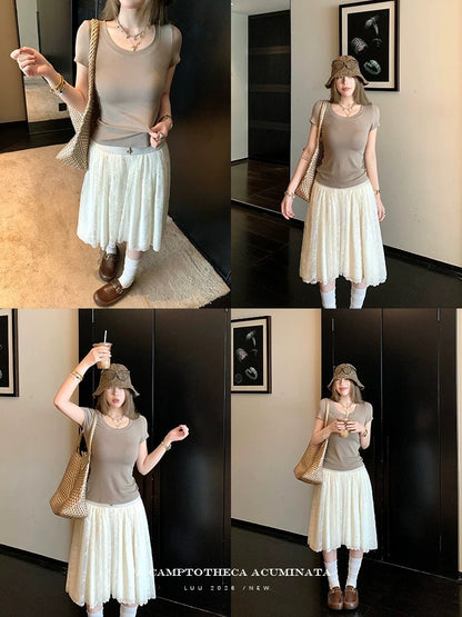 LUU Peach Joy / Lace High-Waisted A-Line Skirt for Women, Spring/Summer, Loose Fit, Mid-Length, Stylish Design