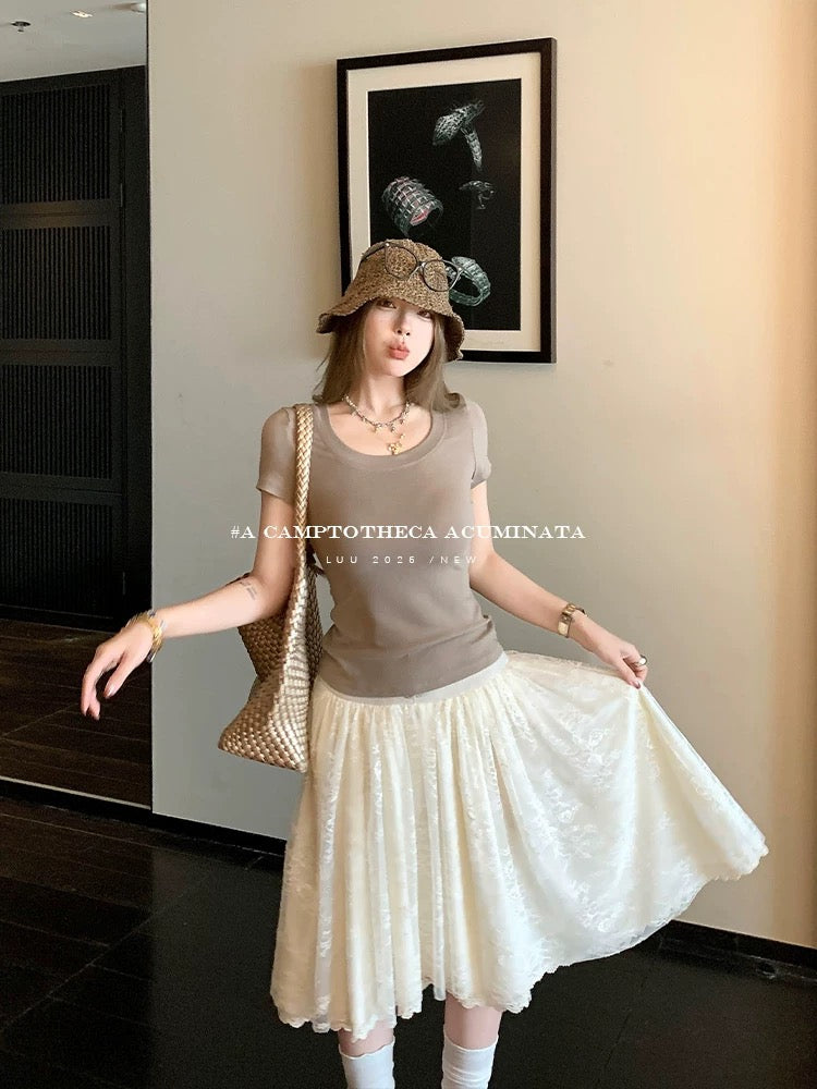 LUU Peach Joy / Lace High-Waisted A-Line Skirt for Women, Spring/Summer, Loose Fit, Mid-Length, Stylish Design