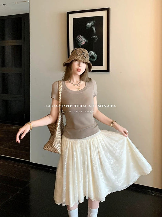 LUU Peach Joy / Lace High-Waisted A-Line Skirt for Women, Spring/Summer, Loose Fit, Mid-Length, Stylish Design