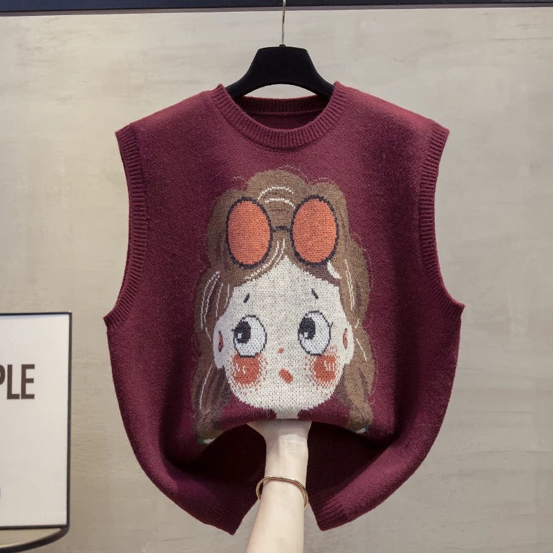 Round neck knitted vest vest women 2025 autumn and winter new loose outer wear vest layered sweater waistcoat trend