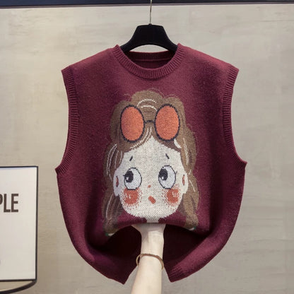 Round neck knitted vest vest women 2025 autumn and winter new loose outer wear vest layered sweater waistcoat trend