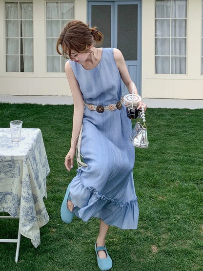 2025 Summer French New Style Dress Solid Color Sleeveless Loose Belt Splicing Vest Skirt Fishtail Midi Skirt Women