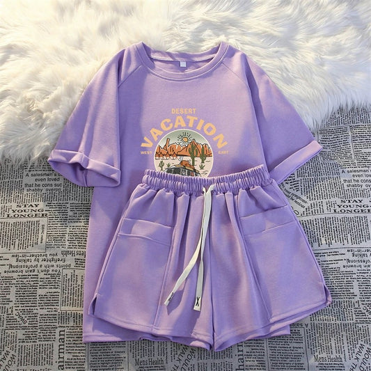 Fashion casual two-piece suit for women in summer short-sleeved shorts for running loose small students tall sportswear suit