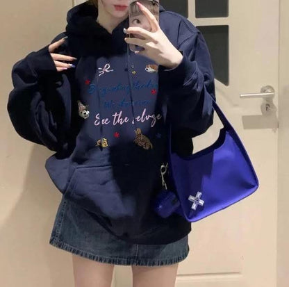 Women's pure cotton navy blue hooded sweatshirt, autumn and winter, fleece-lined, thick, loose, Korean style, relaxed and sophisticated, spring and autumn top.