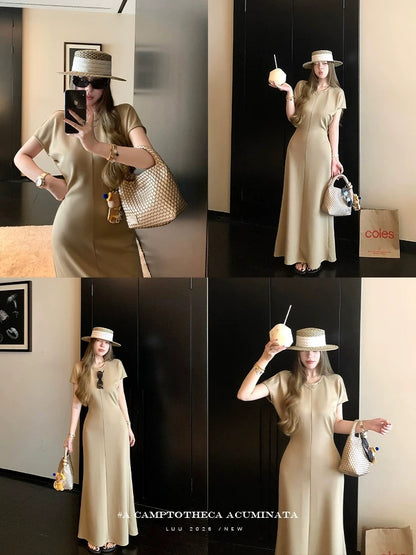 LUU Peach Joy / Round Neck Short Sleeve Slimming Knitted Dress for Women, Spring/Summer, Designer Long Dress, Waist-cinching Niche Dress