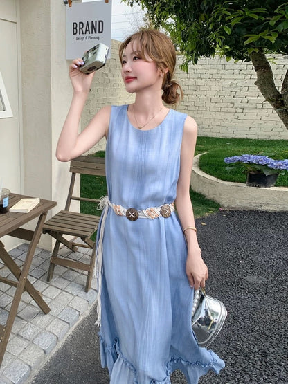 2025 Summer French New Style Dress Solid Color Sleeveless Loose Belt Splicing Vest Skirt Fishtail Midi Skirt Women