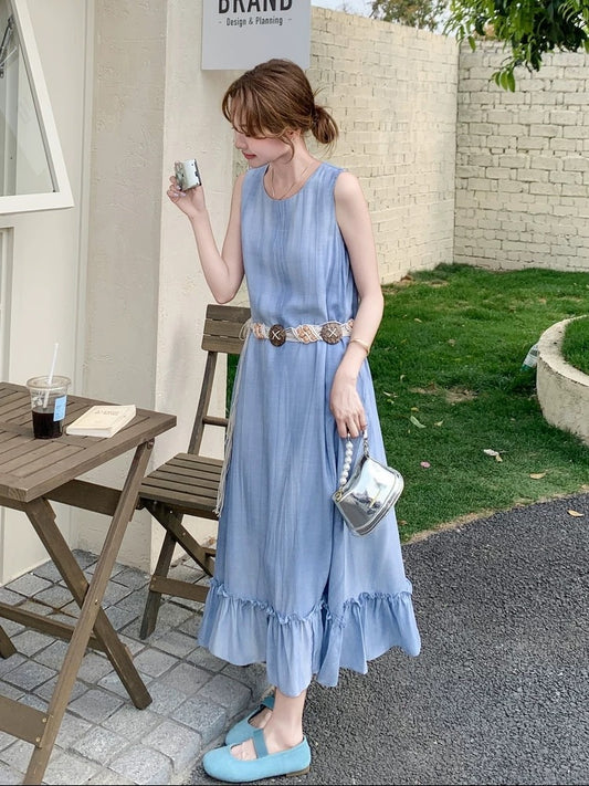 2025 Summer French New Style Dress Solid Color Sleeveless Loose Belt Splicing Vest Skirt Fishtail Midi Skirt Women