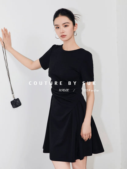 SUK Hepburn style! French retro little black dress summer new black waist dress for women