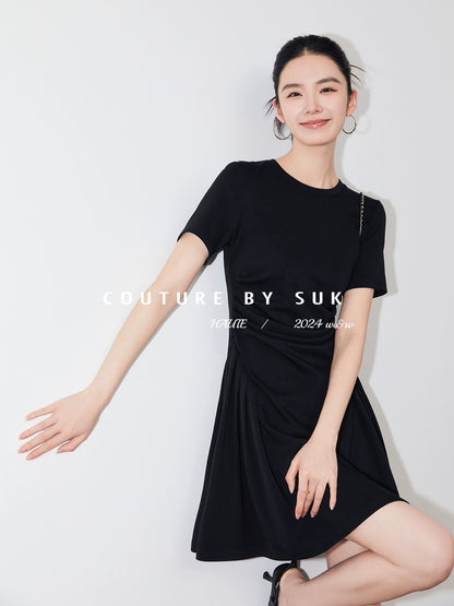 SUK Hepburn style! French retro little black dress summer new black waist dress for women