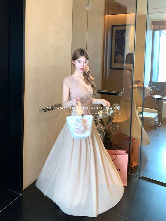 LUU Peach Joy / Pink Thin Pleated Elegant Dress Women's Summer Slim Waist Short Sleeve Long Dress Design Dress