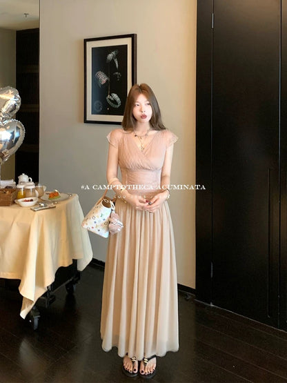 LUU Peach Joy / Pink Thin Pleated Elegant Dress Women's Summer Slim Waist Short Sleeve Long Dress Design Dress