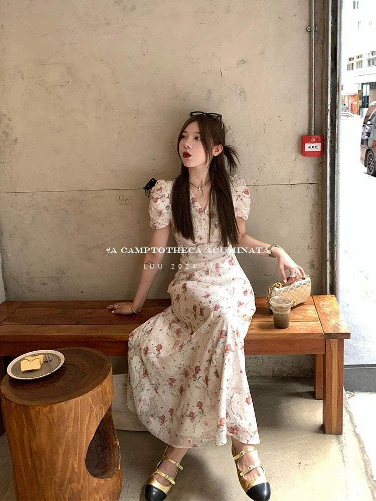 LUU Peach Blossom / Hanging Begonia Floral V-neck Dress for Women, Summer, French Gentle Puff Sleeves, Elegant Design