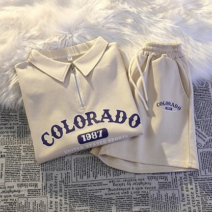 College style polo sportswear suit for women summer casual running salt series petite shorts loose casual two-piece suit
