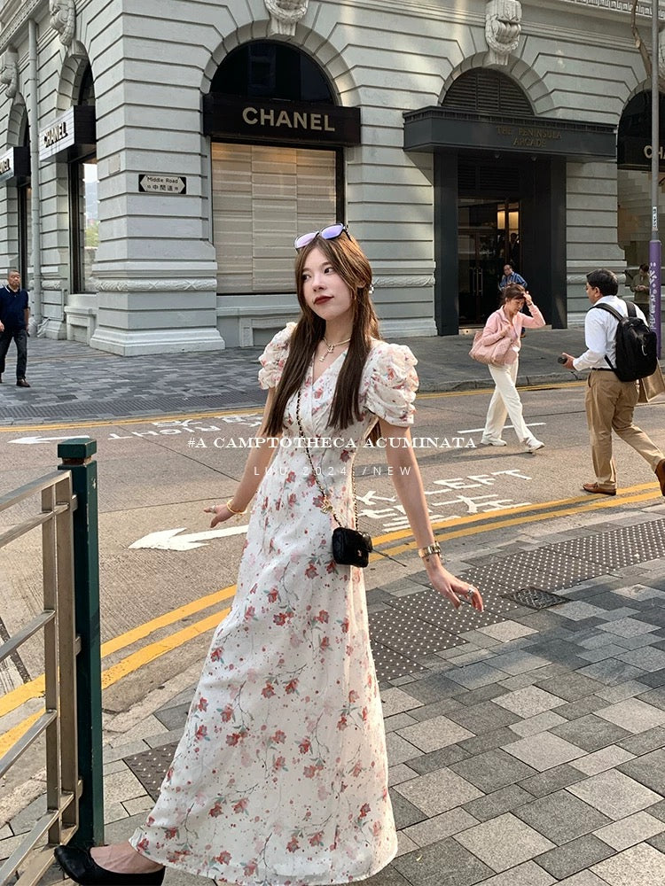 LUU Peach Blossom / Hanging Begonia Floral V-neck Dress for Women, Summer, French Gentle Puff Sleeves, Elegant Design
