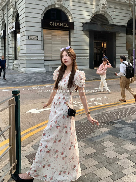 LUU Peach Blossom / Hanging Begonia Floral V-neck Dress for Women, Summer, French Gentle Puff Sleeves, Elegant Design