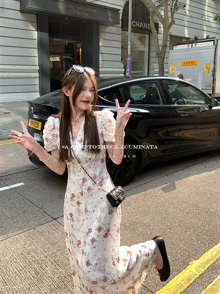 LUU Peach Blossom / Hanging Begonia Floral V-neck Dress for Women, Summer, French Gentle Puff Sleeves, Elegant Design