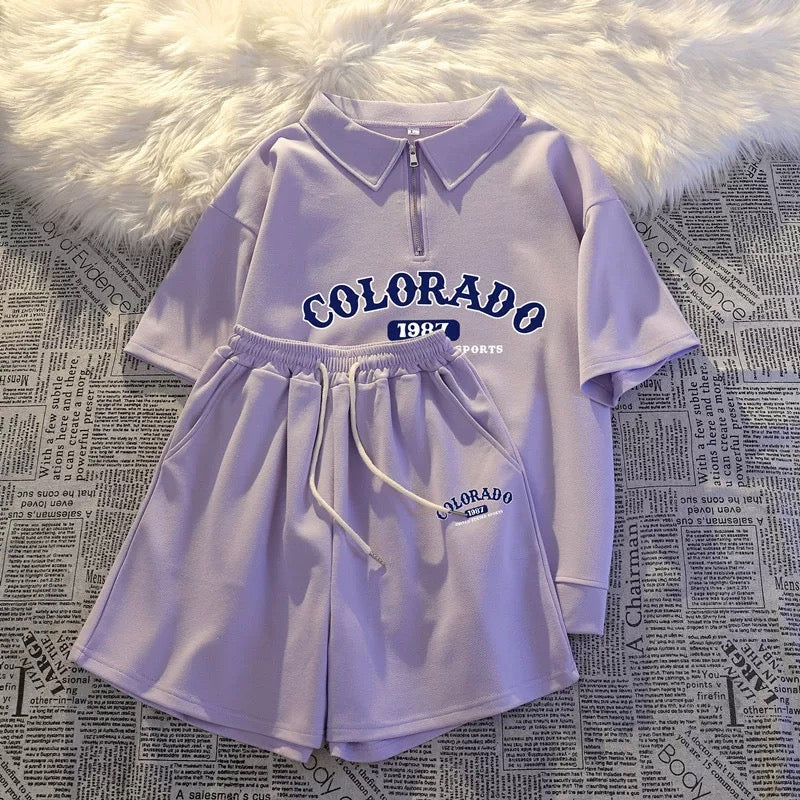 College style polo sportswear suit for women summer casual running salt series petite shorts loose casual two-piece suit