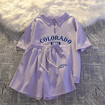 College style polo sportswear suit for women summer casual running salt series petite shorts loose casual two-piece suit