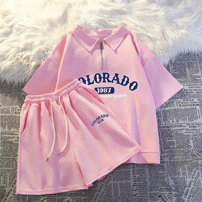 College style polo sportswear suit for women summer casual running salt series petite shorts loose casual two-piece suit
