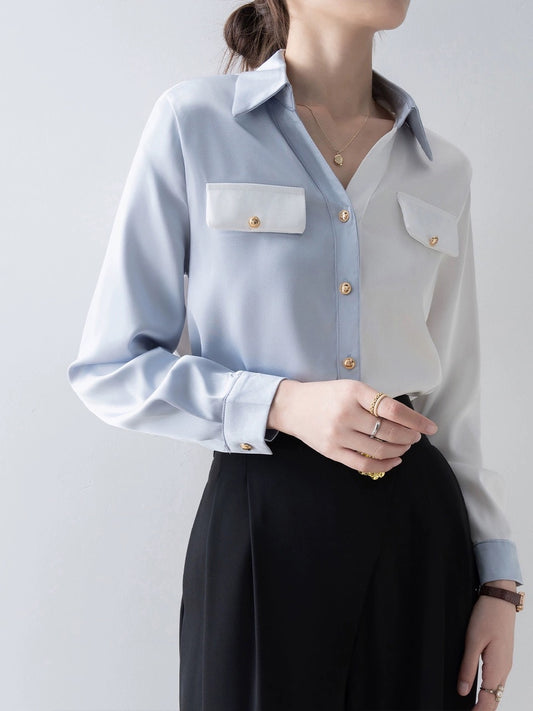 2024 early spring new style women's retro splicing shirt design French shirt autumn and winter long-sleeved temperament top