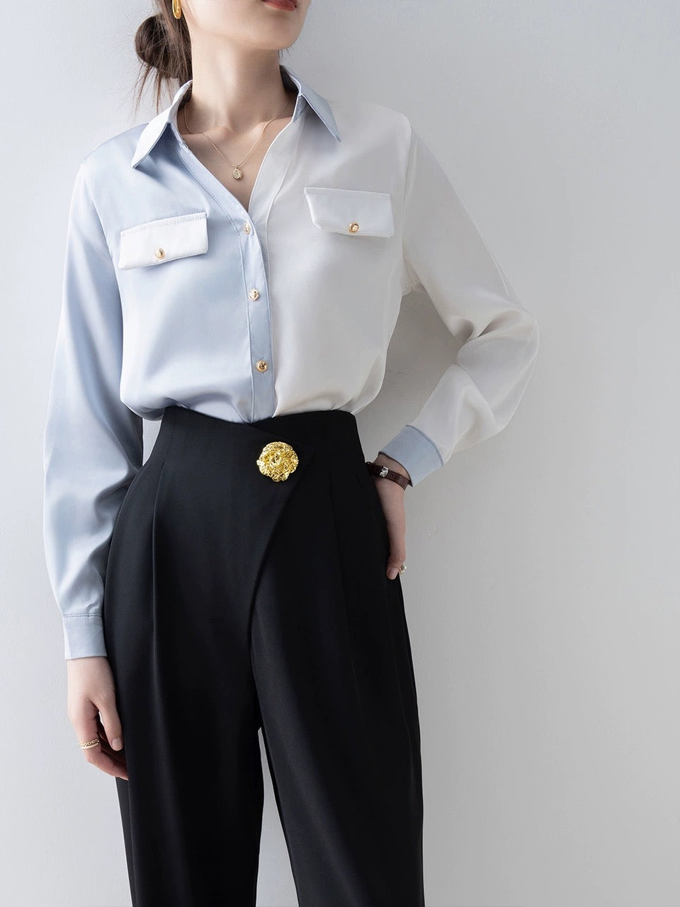 2024 early spring new style women's retro splicing shirt design French shirt autumn and winter long-sleeved temperament top