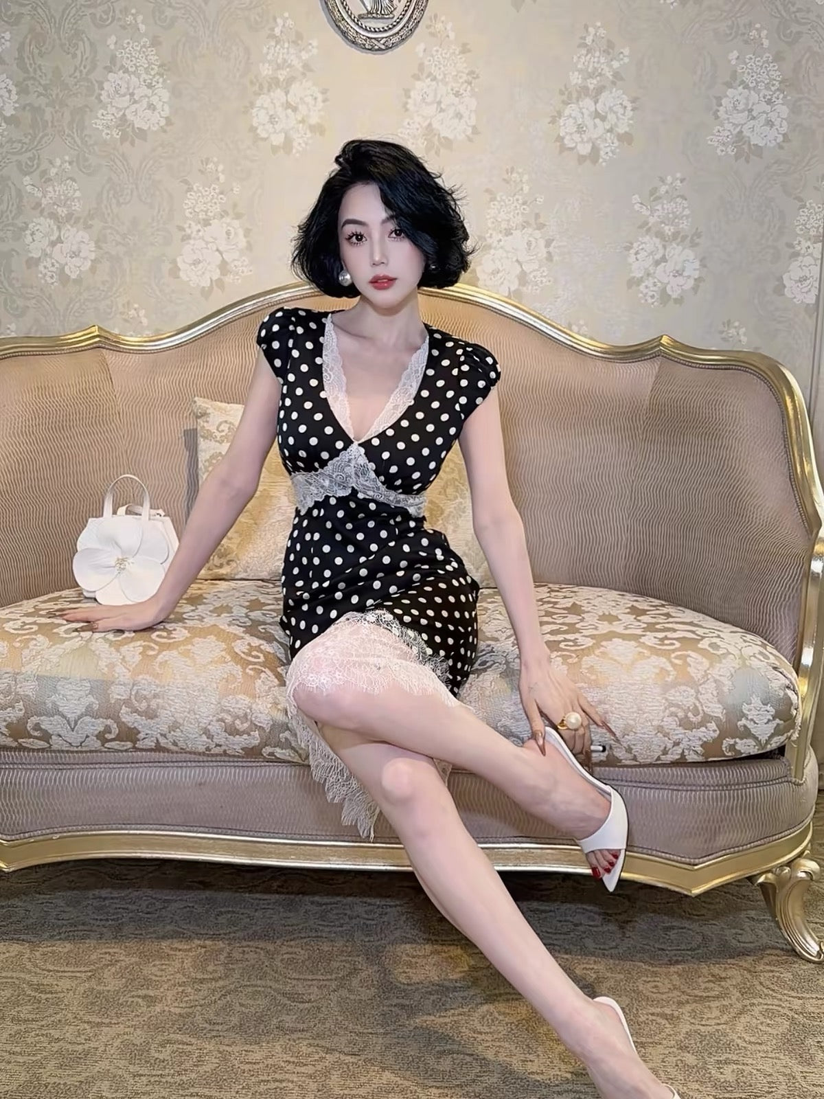 LYXJ [São Paulo Holiday] Summer 2026 French-style patchwork dress featuring lace and polka-dot details (Style 13368)