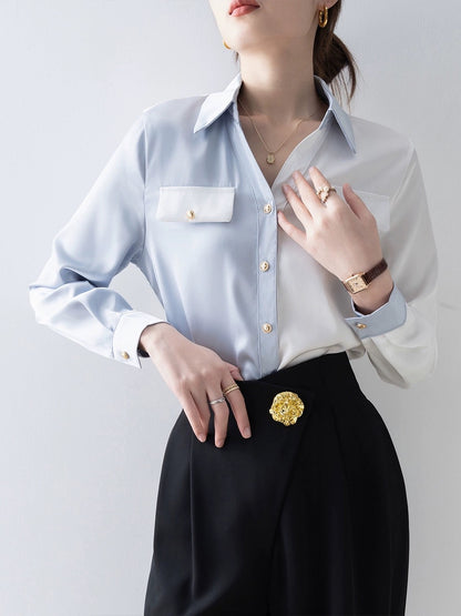2024 early spring new style women's retro splicing shirt design French shirt autumn and winter long-sleeved temperament top