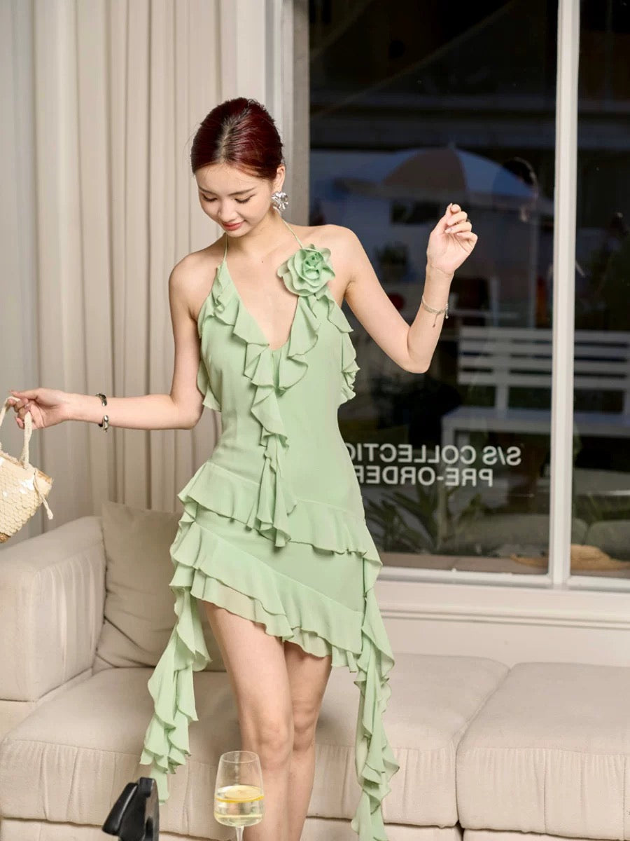 Mint green sundress with irregular ruffles, perfect for a beach vacation, fairy-like dress. (journeyj)