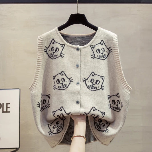 Cardigan knitted vest vest women 2025 autumn and winter new loose outer wear vest round neck large size sweater waistcoat trend