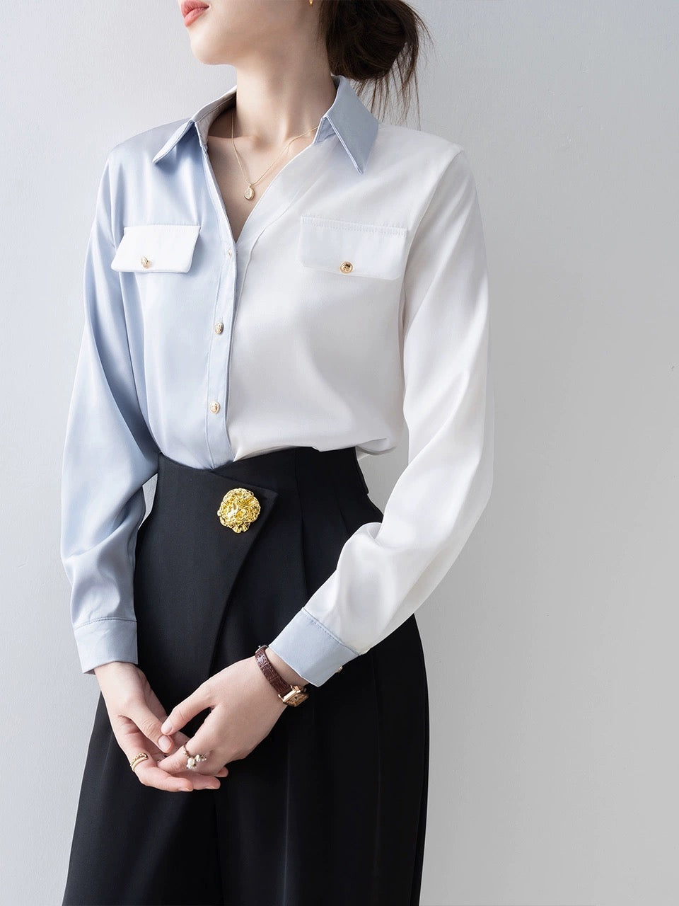 2024 early spring new style women's retro splicing shirt design French shirt autumn and winter long-sleeved temperament top