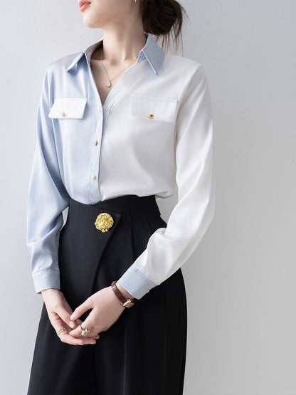 2024 early spring new style women's retro splicing shirt design French shirt autumn and winter long-sleeved temperament top