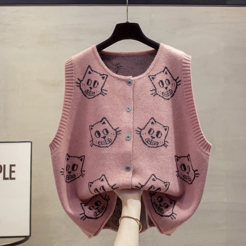 Cardigan knitted vest vest women 2025 autumn and winter new loose outer wear vest round neck large size sweater waistcoat trend