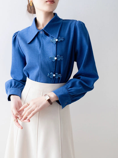 Shirts for women 2024 early spring new style French shirts new Chinese button design autumn and winter thickened long-sleeved tops