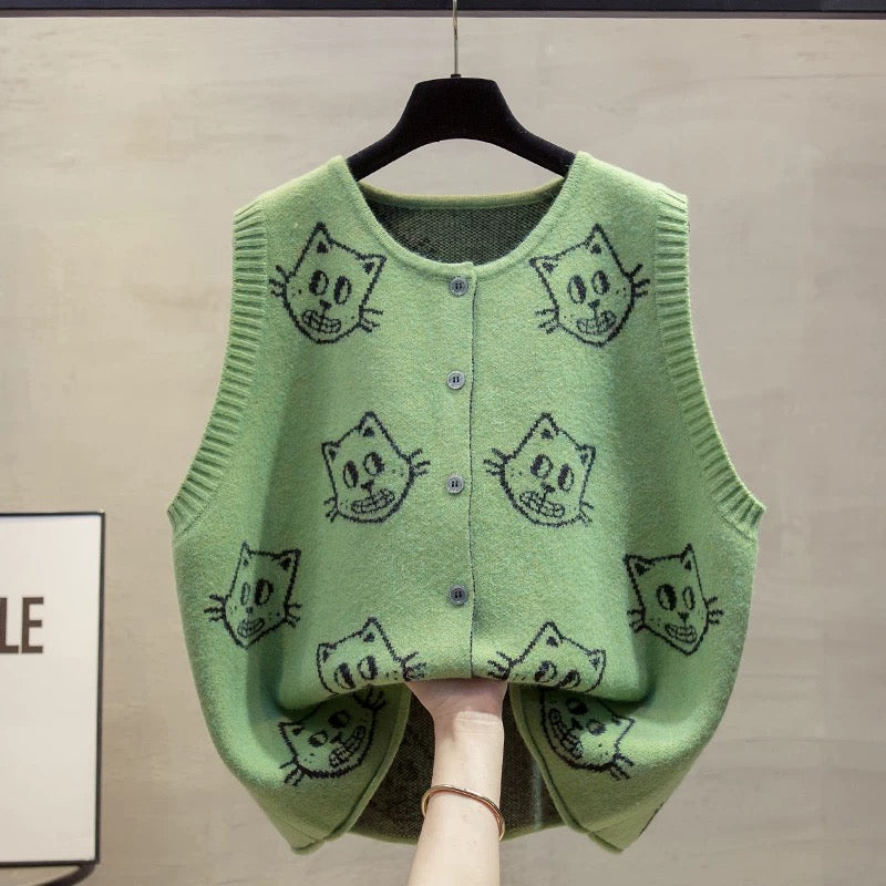 Cardigan knitted vest vest women 2025 autumn and winter new loose outer wear vest round neck large size sweater waistcoat trend