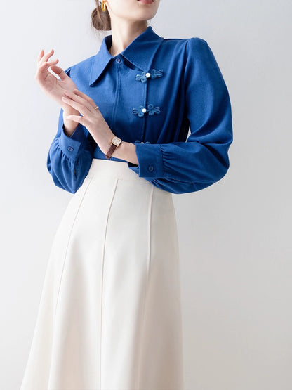Shirts for women 2024 early spring new style French shirts new Chinese button design autumn and winter thickened long-sleeved tops