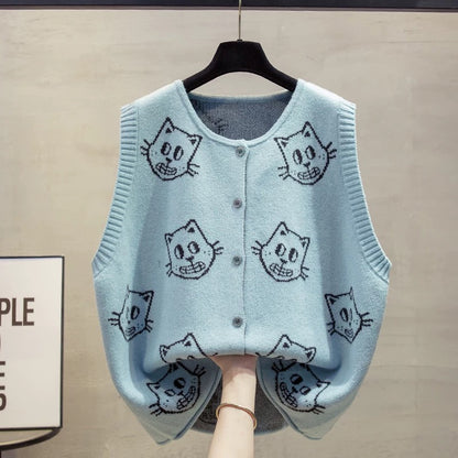 Cardigan knitted vest vest women 2025 autumn and winter new loose outer wear vest round neck large size sweater waistcoat trend