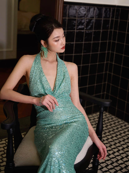 journeyj original mint green sequined shimmering high-end deep V halter neck evening gown/fishtail maxi dress